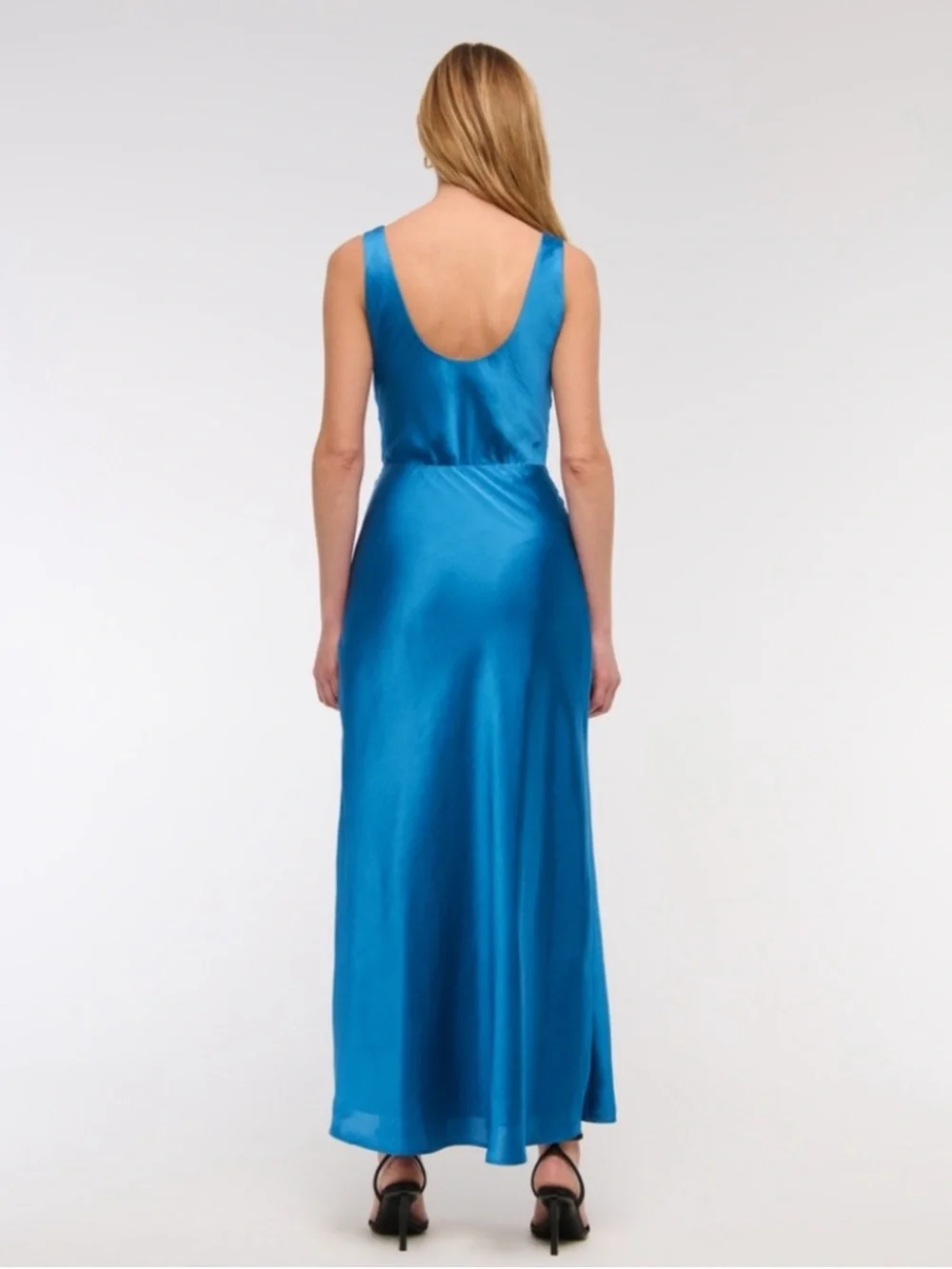 A&F Cowl Neck Draped Ruched Satin Maxi Dress - Dutch Blue MT